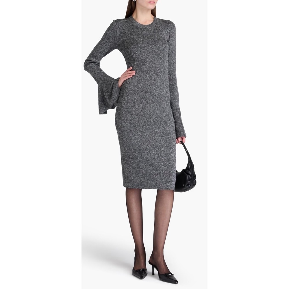FRAME Metallic Ribbed Bell‎ Sleeve Knit Dress Silver Midi Medium NWT